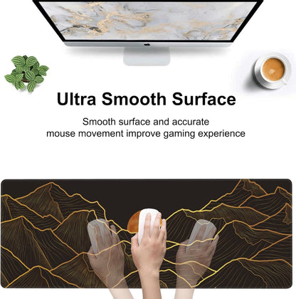 Golden Mountain and Moon Desk Mat,Large Luxury Gold Line Art Gaming Keyboard Mouse Pad,Non-Slip Rubber Base Desk Pad Thick Stitched Edges Waterproof Mousepad Mouse Mat 31.5"x11.8"