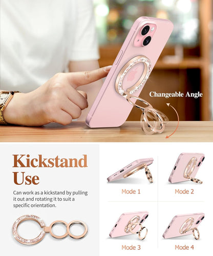 GVIEWIN Magnetic Phone Ring Holder, Compatible with MagSafe Phone Grip with Adjustable Stand, Magnet Phone Ring Kickstand for iPhone 16 Pro Max/Plus/15/14/13/12 Series/Other Phones, Glitter/Pink Gold