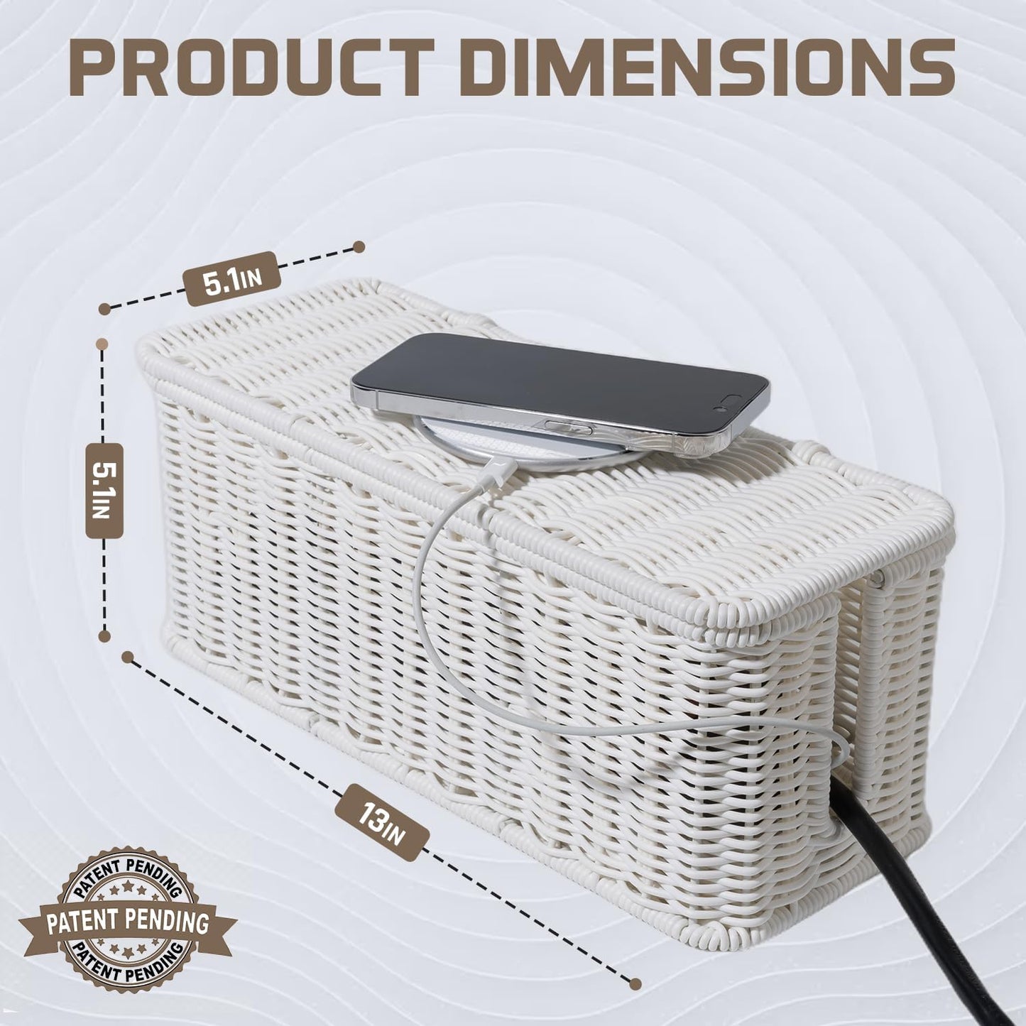 Cable Management Box, Handmade Rattan Cable Organizer, 2 Open Slots Cords Hider Box, Under Desk Cord Organizer for Computer Router USB Hub & Power Strip, Patent Pending, 13" x 5.1" x 5.1", White