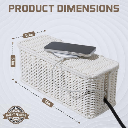 Cable Management Box, Handmade Rattan Cable Organizer, 2 Open Slots Cords Hider Box, Under Desk Cord Organizer for Computer Router USB Hub & Power Strip, Patent Pending, 13" x 5.1" x 5.1", White