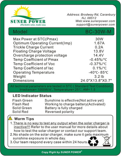 SUNER POWER 30W 12V Solar Battery Charger Maintainer, Built-in Smart MPPT Charge Controller, Adjustable Mount Bracket, Waterproof 30 Watt Solar Panel Kits for Car Automotive Boat Marine RV Trailer