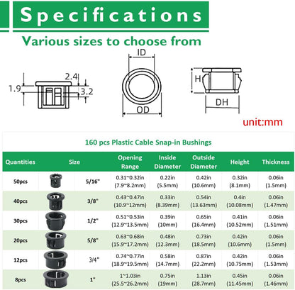 160 Pcs 6 Sizes Cable Snap-in Knockout Insulating Bushing Grommets Assortment Kit, 5/16, 3/8, 1/2, 5/8, 3/4, 1 Black Nylon Plastic Hole Grommets for Wiring, Wire Cord Hose Tubing Protector