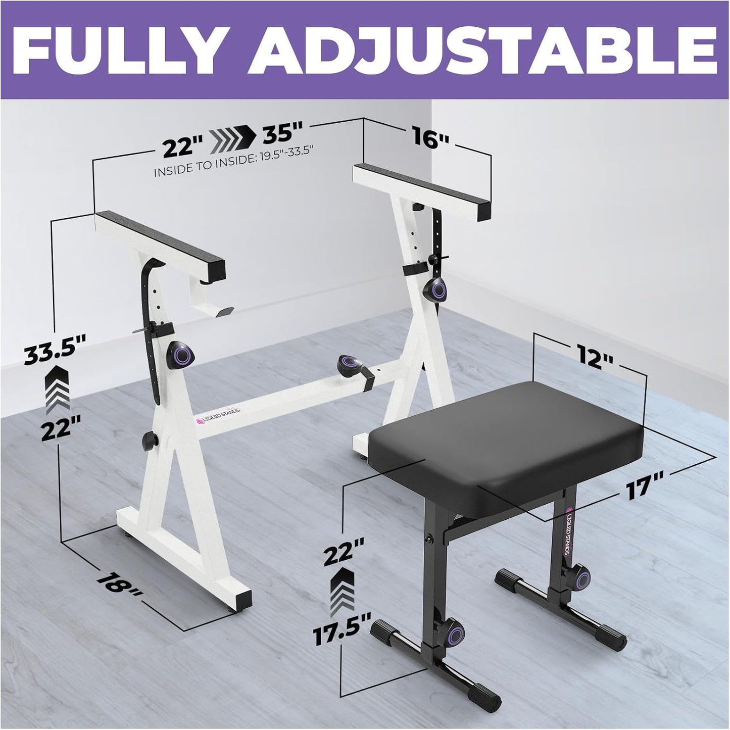 Liquid Stands Portable Heavy Duty Digital Piano Stand & Bench Set - Adjustable Keyboard Music Stand & Seat for 54-88 Key Electric Pianos (White)