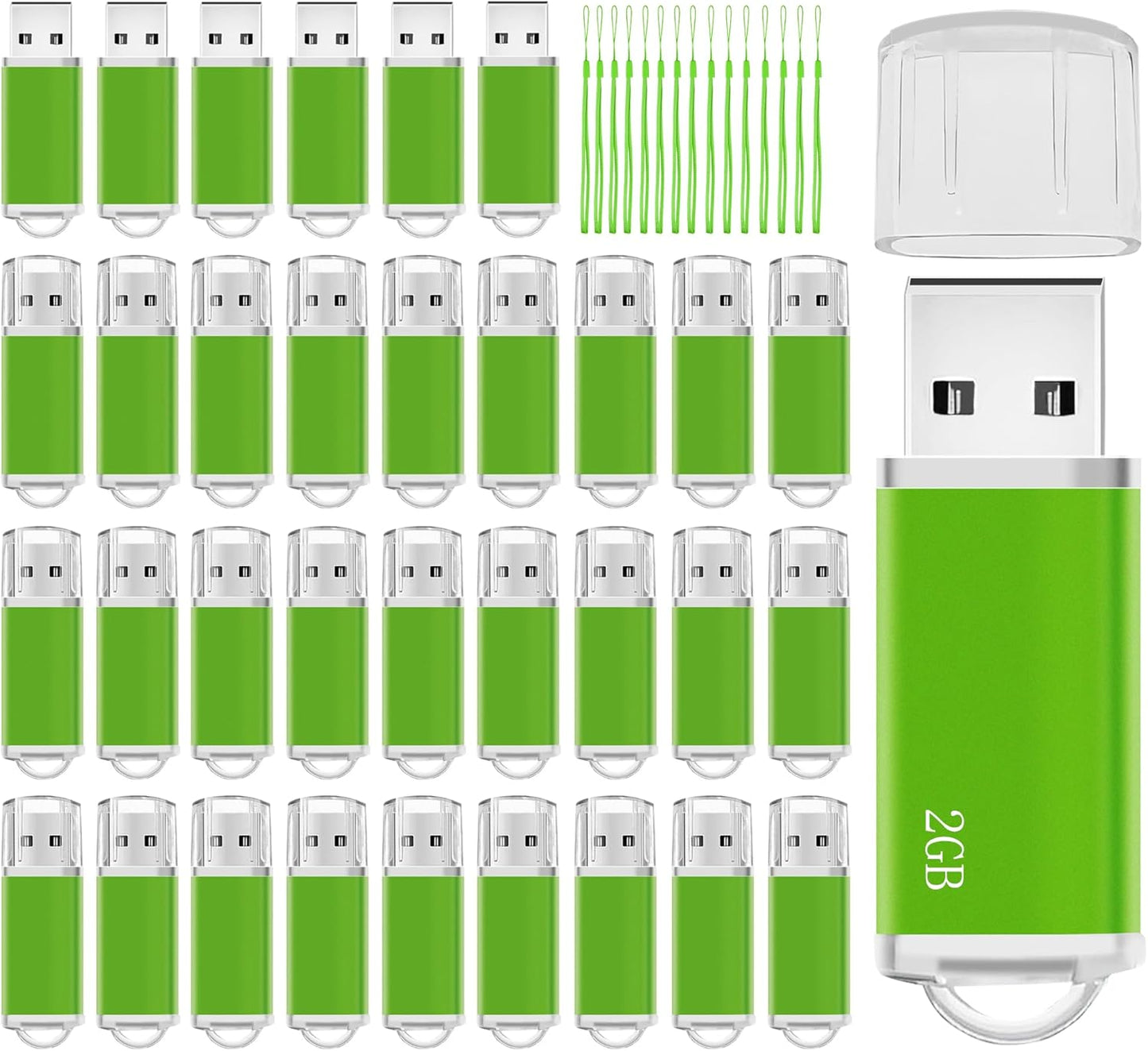 Memorias USB 2GB Flash Drive 50 Pack, USB 2.0 Thumb Drives Bulk Memory Sticks 2GB Fat USB Flash Drives Bulk Jump Drives Multipack Pack of 50 with Lanyard(Green 50 Packs 2 GB)