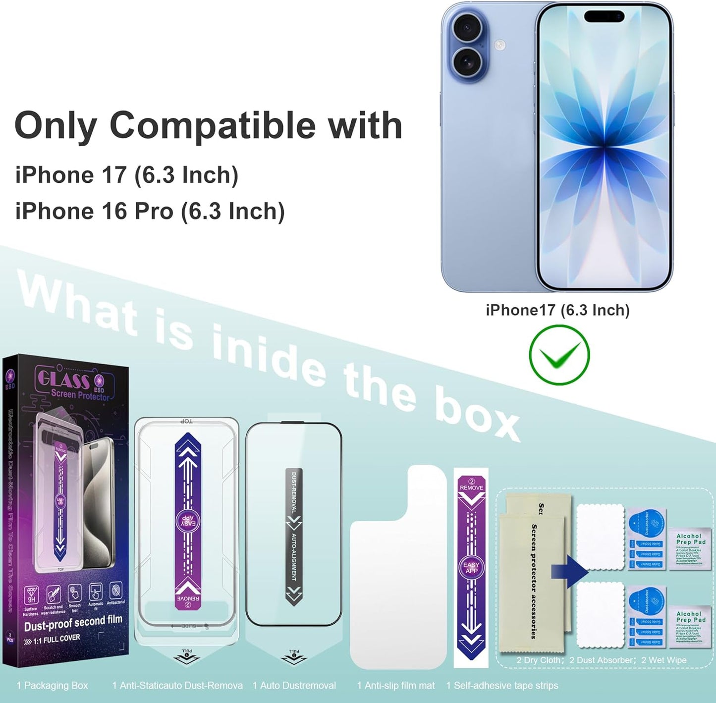 Screen Protector for iPhone 17, iPhone 16 Pro 6.3-Inch, 2 Pack, 9H Tempered Glass, HD Clear, Full Cover, Anti-Fingerprint, Easy Installation