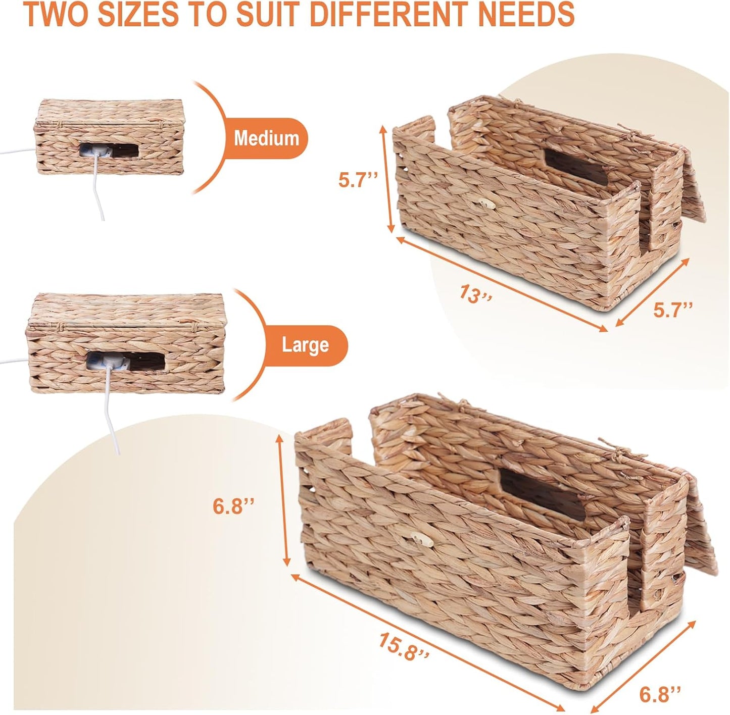Cable Management Box, Cord Hider Organizer Box with Lid 2-Pack,2 Side Open Slots Handwoven Water Hyacinth Storage Box for Power Strips, Floor, Desk, Office