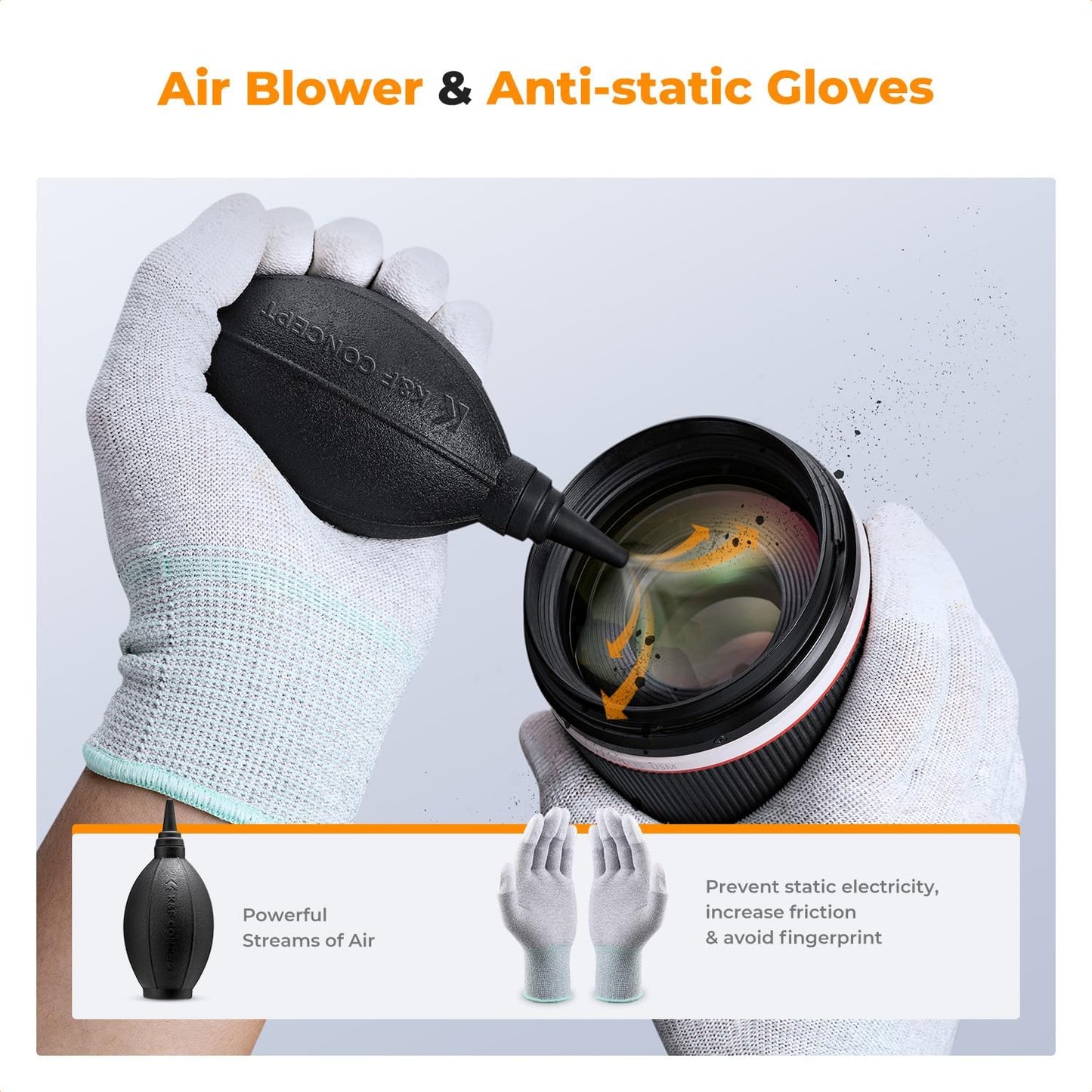 K&F CONCEPT 23 in 1 Camera Lens Cleaning Kit for DSLR Filter with Replaceable Cleaning Pen+Air Blower+Cleaning Liquid+Cleaning Cloth*2+Full-Frame Swab*10+Vacuum Cleaning Cloth*6+Anti-Static Gloves