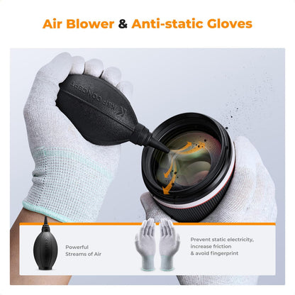 K&F CONCEPT 23 in 1 Camera Lens Cleaning Kit for DSLR Filter with Replaceable Cleaning Pen+Air Blower+Cleaning Liquid+Cleaning Cloth*2+Full-Frame Swab*10+Vacuum Cleaning Cloth*6+Anti-Static Gloves