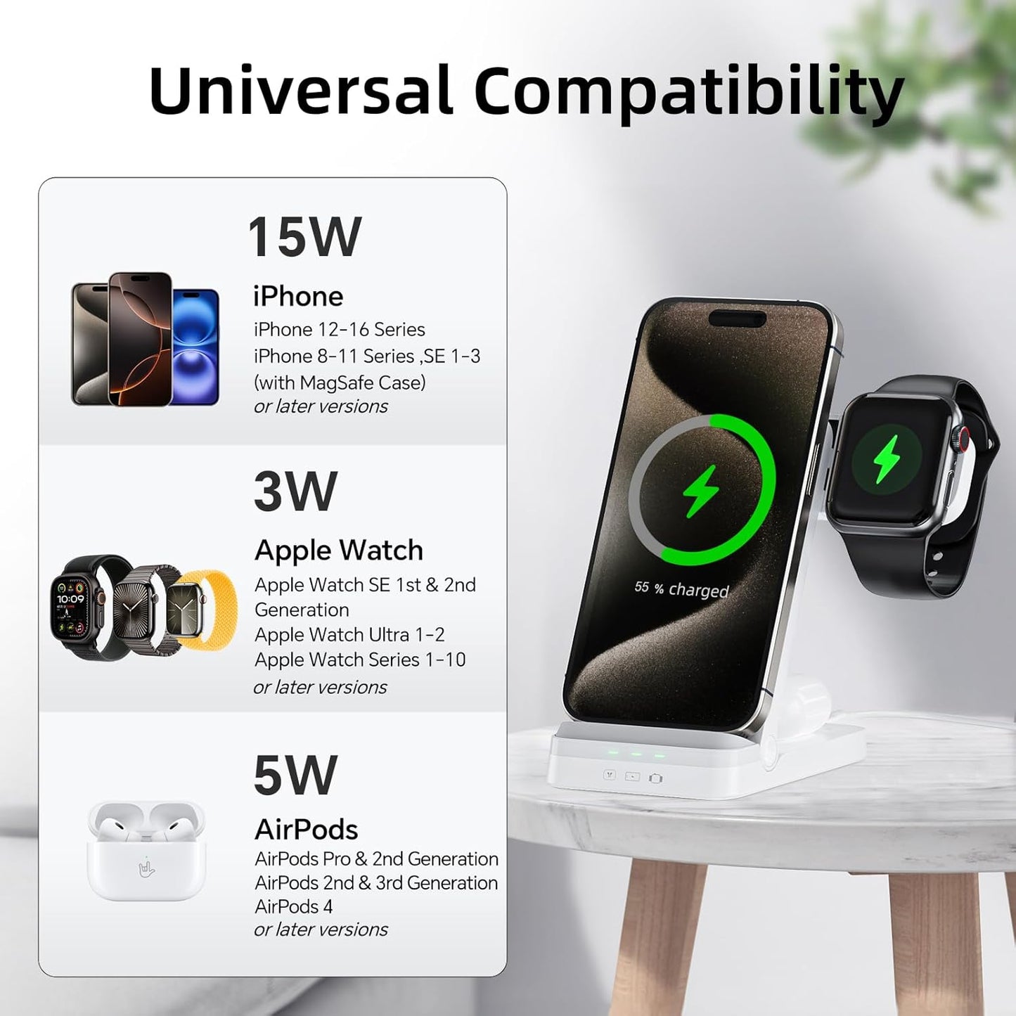Wireless Charger, Tribone 3 in 1 Foldable Fast Charger for iPhone 17 16 15 14 13 12 11 Pro Max XR XS 8 Plus, for Apple Watch 11 10 9 8 7 6 5 4 3 2 SE Ultra,for AirPods Pro 4 3 2 (White)