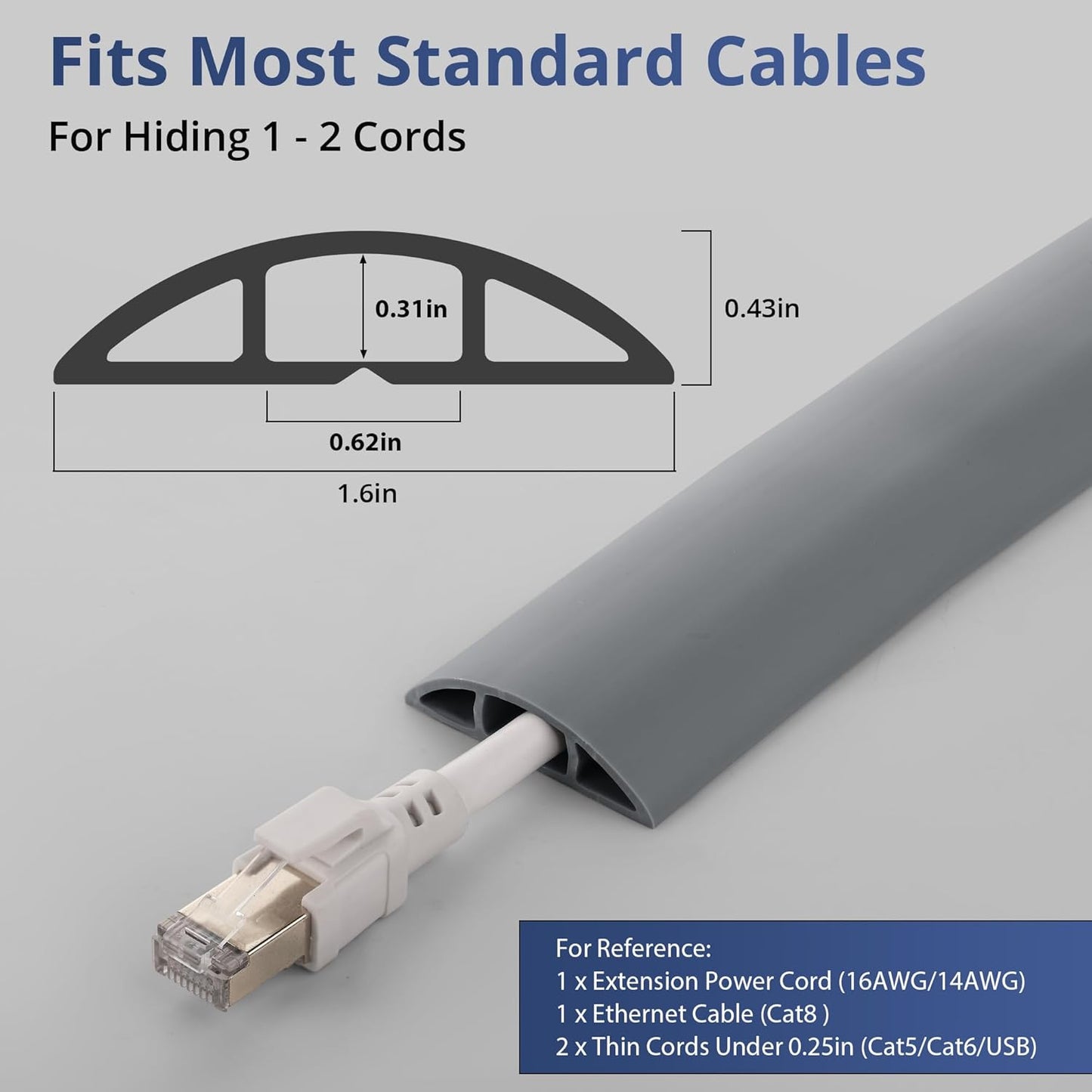 ZhiYo 5.6ft Cord Covers for Wires on Floor, Cord Hider Floor Hide Extension Cords, Soft PVC Cable Cover Cable Protector, Wire Cavity W0.62in H0.31in, Gray