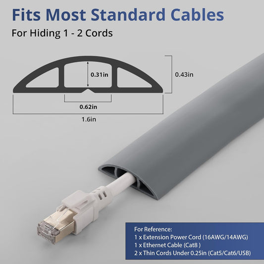 ZhiYo 3.6ft Cord Covers for Wires on Floor, Gray Cord Hider Floor Hide Extension Cords, Soft PVC Cable Cover Cable Protector, Wire Cavity W0.62in H0.31in, Grey