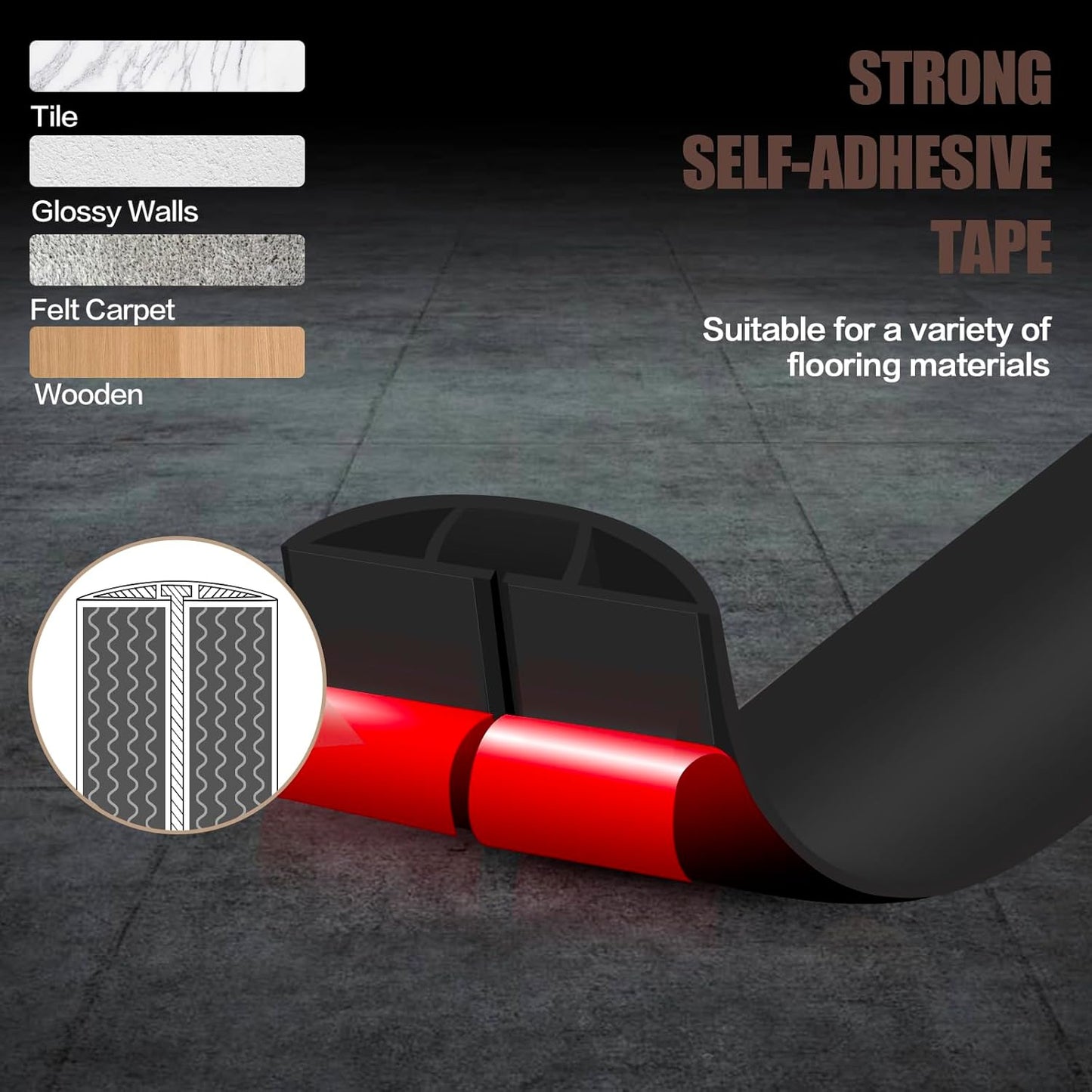 Floor Cord Cover Self Adhesive Cord Hider,20FT Cable Management, Extension Strip Protector for Wires, Prevent Cable Trips for Offices, Gyms, Exhibitions Cavity:0.39"(W) x 0.27"(H) Black