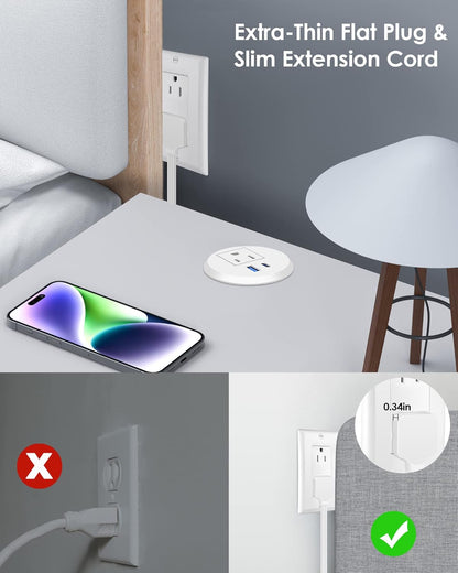 2 inch Desk Power Grommet with PD 20W USB C,Ultra-Flat Plug Power Strip,Recessed Outlet,Desktop Power Grommet for Office PC Desk Cable Cord Cover,Table Outlets for Home, Office,6 ft Cable(White)