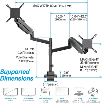 AVLT Dual 57 Inch Heavy Duty Stacking Monitor Arm Pole Top Mount With USB-C USB-A Ports-Black, Height Adjustable, Easy Install Top C-Clamp/Grommet With Reinforcement Plates, VESA Compatible 200/100/75