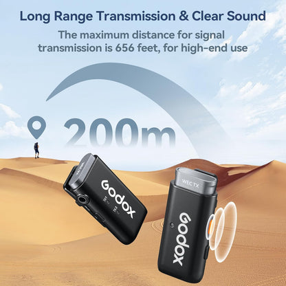GODOX Wireless Lavalier Microphone for iPhone/Android Phone with Noise Cancellation(2 TX + 1 RX + Charging Case),Mini Mic for DSLR Cameras/PC/Live Streaming,200m/656ft,with Battery Level Display