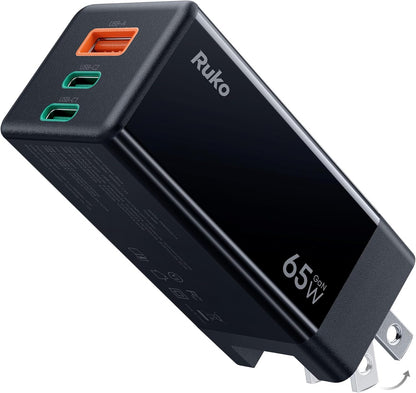 Ruko PD65W USB C Charger, 3-Port GaN Fast Charger Block, Compact Foldable Wall Charger for iPhone 16/15, MacBook Pro/Air, Galaxy S24, Pixel, Drone, Switch and More, Black