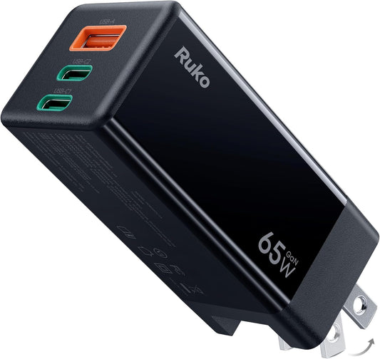 Ruko PD65W USB C Charger, 3-Port GaN Fast Charger Block, Compact Foldable Wall Charger for iPhone 16/15, MacBook Pro/Air, Galaxy S24, Pixel, Drone, Switch and More, Black