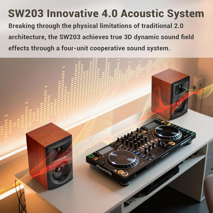 SW203 4.0 Computer Speakers - 60W 4-Way DSP Control 3D Immersive Sound - 3" Carbon Fiber Woofer & 20mm Silk Dome Tweeter - 24bit DAC USB/Bluetooth 5.4/AUX - Studio-Grade Audio (Pair, Red)