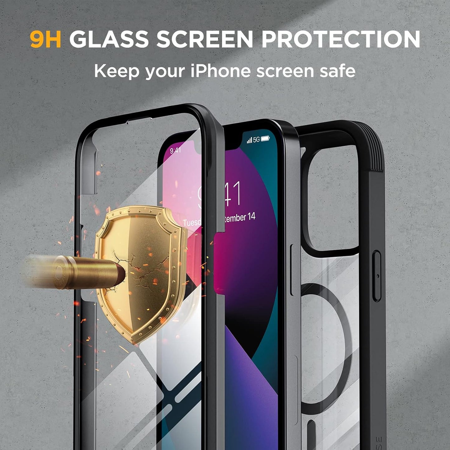 Miracase Glass Series Designed for iPhone 13 Case 6.1 inch, 2023 Upgrade Full-Body Magnetic Clear Bumper Case with Built-in 9H Tempered Glass Screen Protector,Black