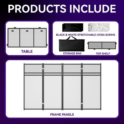 Portable DJ Booth Table,Foldable DJ Table Stand with White & Black Scrim,Adjustable DJ Facade Booth Station Metal Frame with Cable Hole for Private Events, Clubs, Bars (40x20 Double Deck)