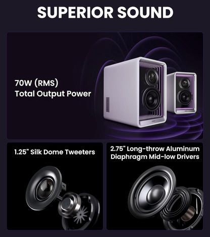 Edifier QR65 Desktop Active Monitor with 2.75" Long-Throw Aluminum Diaphragm mid-Low Drivers, Hi-Res Audio, Brilliant Light Effects, 70W Output Power Bluetooth Speakers with Stands - White