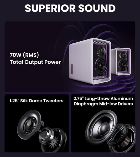 Edifier QR65 Desktop Active Monitor with 2.75" Long-Throw Aluminum Diaphragm mid-Low Drivers, Hi-Res Audio, Brilliant Light Effects, 70W Output Power Bluetooth Speakers with Stands - White