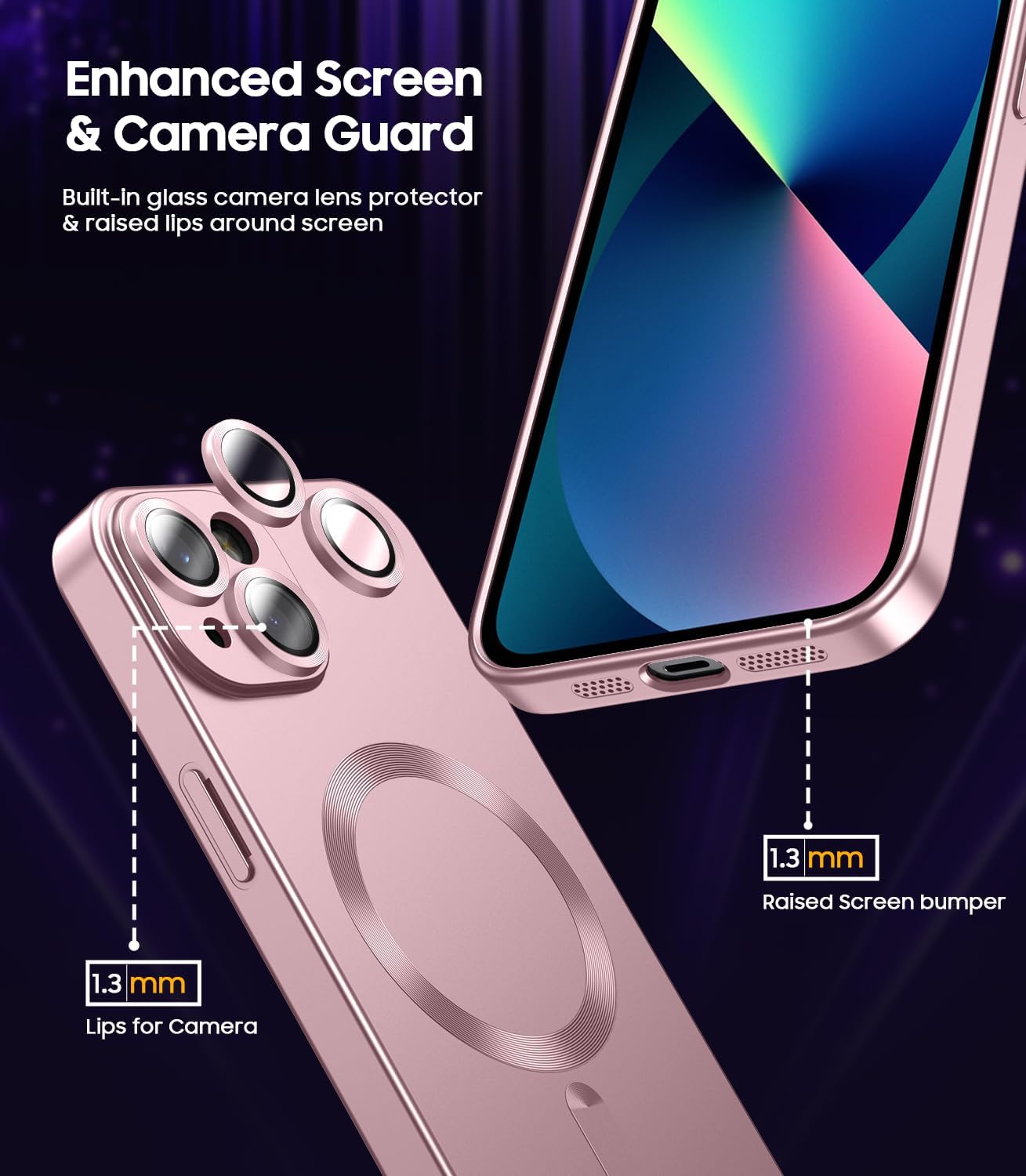 Magnetic for iPhone 13 Case [Compatible with MagSafe][Built-in Camera Lens Protector] Slim Soft Silicone Bumper Shockproof Metallic Luster Phone Case (Rose Gold)