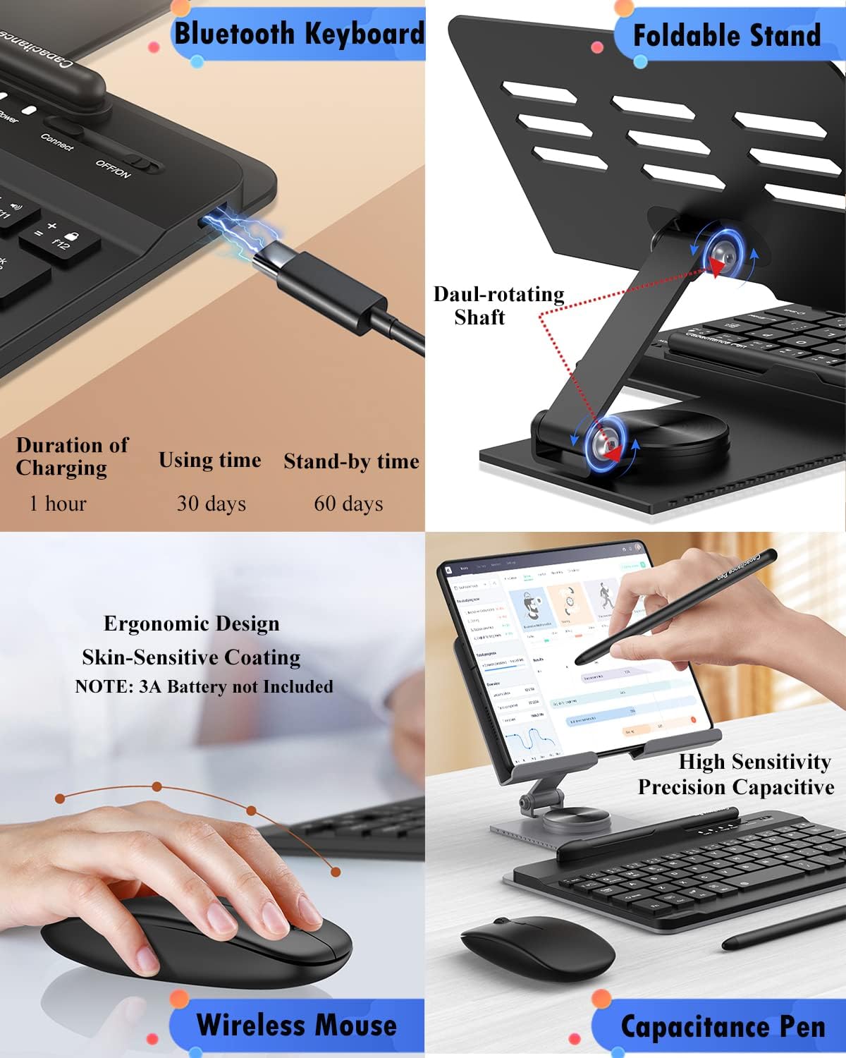 for Samsung Galaxy Z Fold 7 6 5 4 All Fold Smartphones Bluetooth Keyboard and Mouse Set, Portable Travel Keyboard Adjustable Foldable Aluminum Alloy Stand Holder with Pen for 4.7"-8.5" Mini Tablets