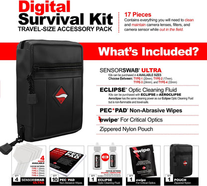 Photographic Solutions Digital Survival Kit - Type-1 (20mm) Sensor Swab, PEC-PAD Photo Wipes, E-Wipe Packet, Eclipse Optic Cleaning Fluid - Camera Cleaning Kit with Travel Bag