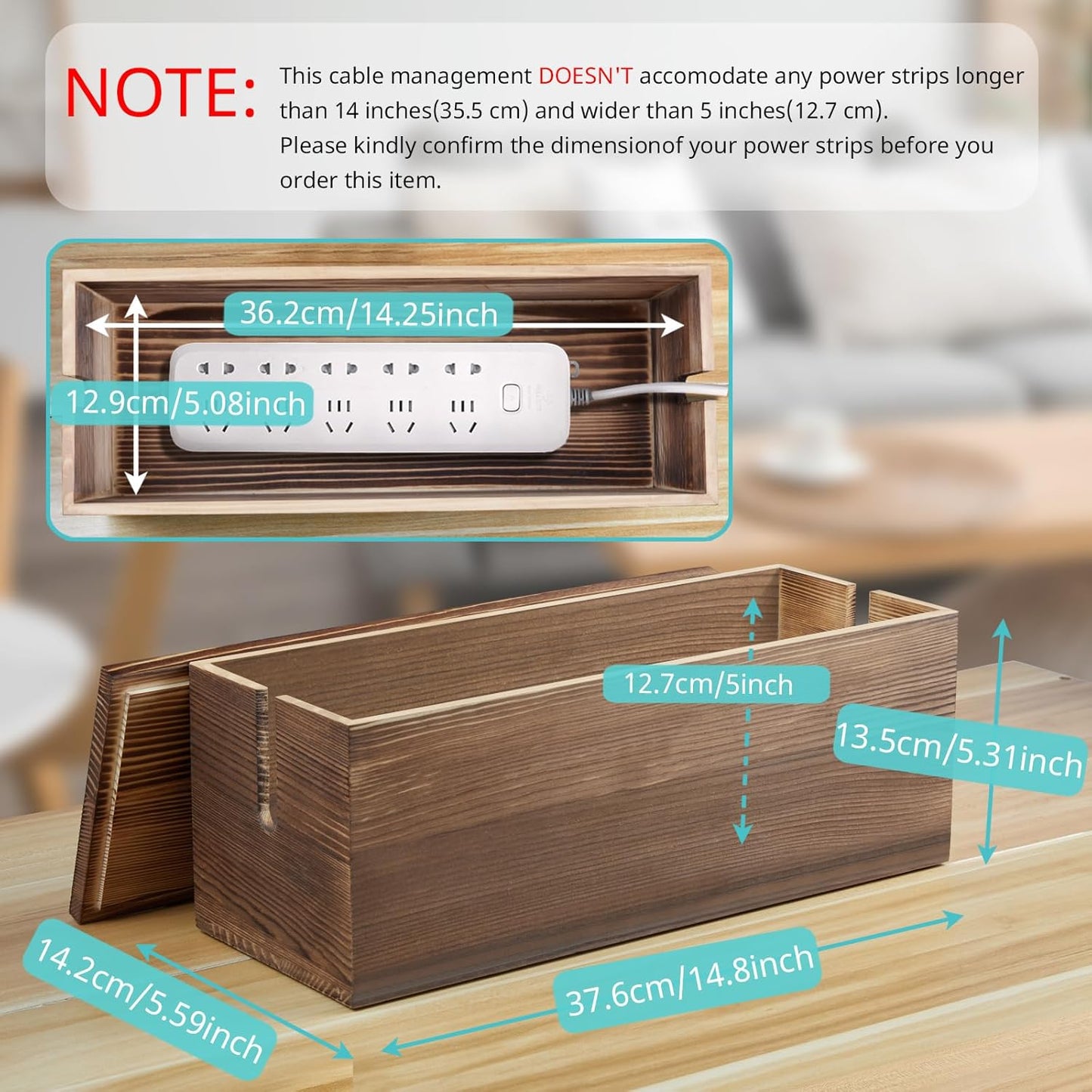 Large Cable Management Box, Burnt Wood Cord Organizer Box for Desk, Floor, Office to Hide Extension Cords Power Stripes Surge Protectors Chargers Wires