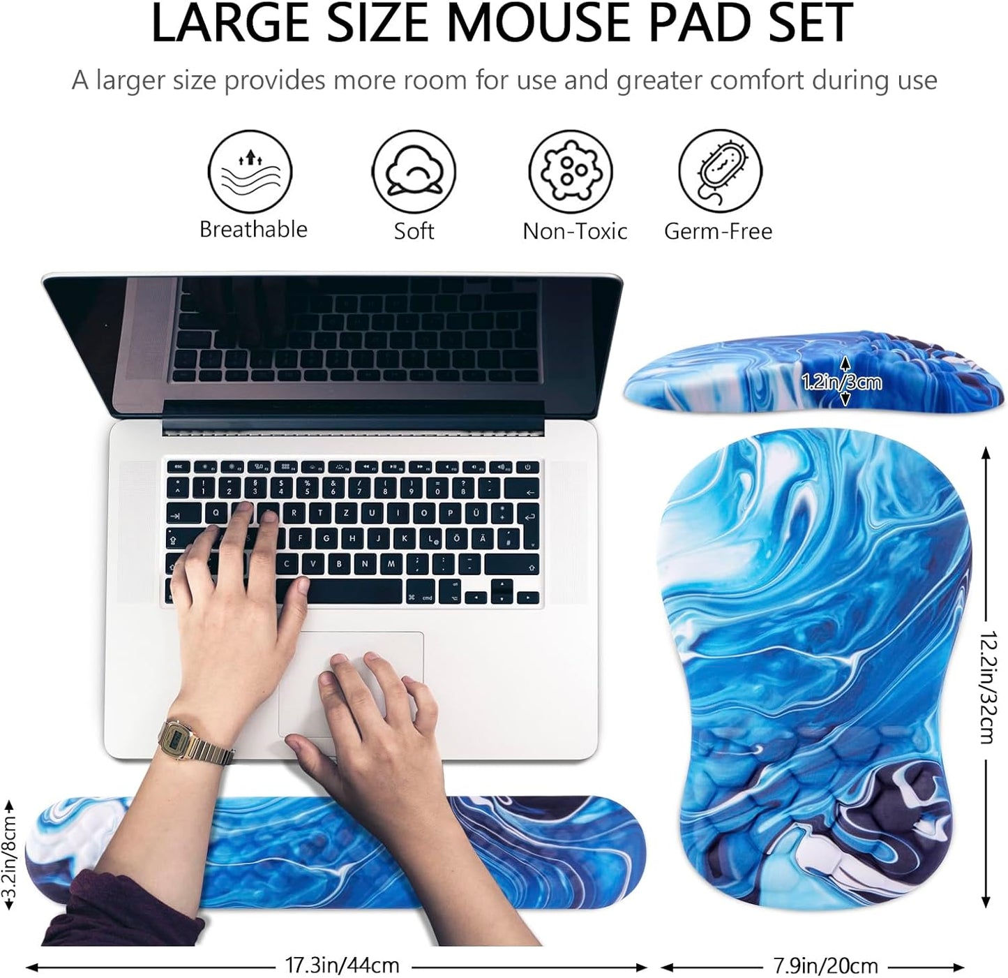 Mouse Pad Wrist Support, Laokiiy 2 in1 Keyboard Wrist Rest+ Ergonomic Mouse Pad, Non-Slip Wrist Rest for Computer Keyboard, Made Easy Typing & Relieve Wrist Pain Ocean Blue
