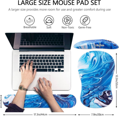 Mouse Pad Wrist Support, Laokiiy 2 in1 Keyboard Wrist Rest+ Ergonomic Mouse Pad, Non-Slip Wrist Rest for Computer Keyboard, Made Easy Typing & Relieve Wrist Pain Ocean Blue