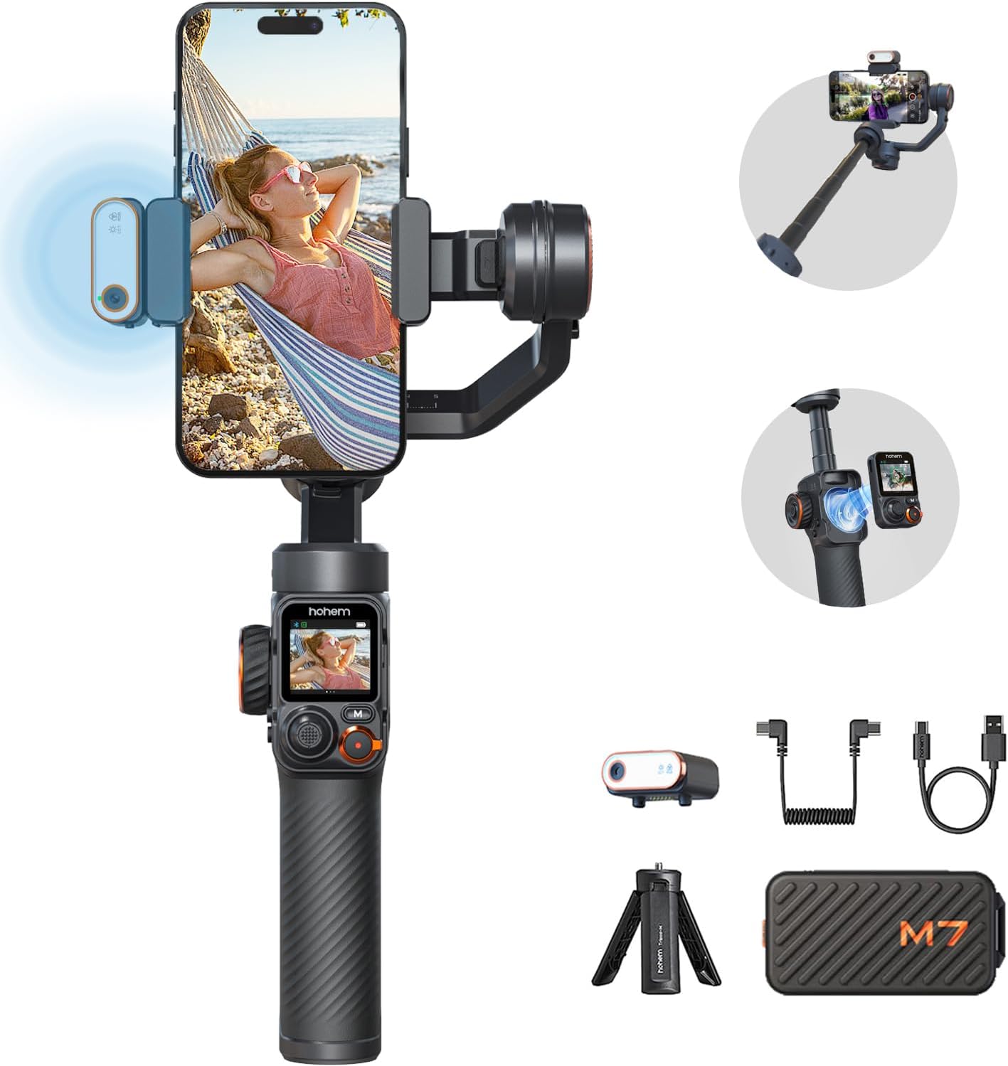 Hohem iSteady M7 Gimbal Stabilizer for Smartphone, Magnetic AI Tracker Fill Light, Detachable Touchscreen Remote Controller, Built-in Extension Rod, 500g Payload Gimbal Stabilizer for iPhone Android