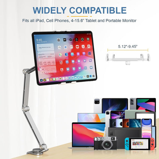 Tablet Stand Holder, Adjustable Foldable Tablet Arm iPad Desk Mount with 360°Rotate Base, Phone Holder iPad Stand for Desk and Bed, Compatible with Tablets, Phones or Other 4-15.6" Device