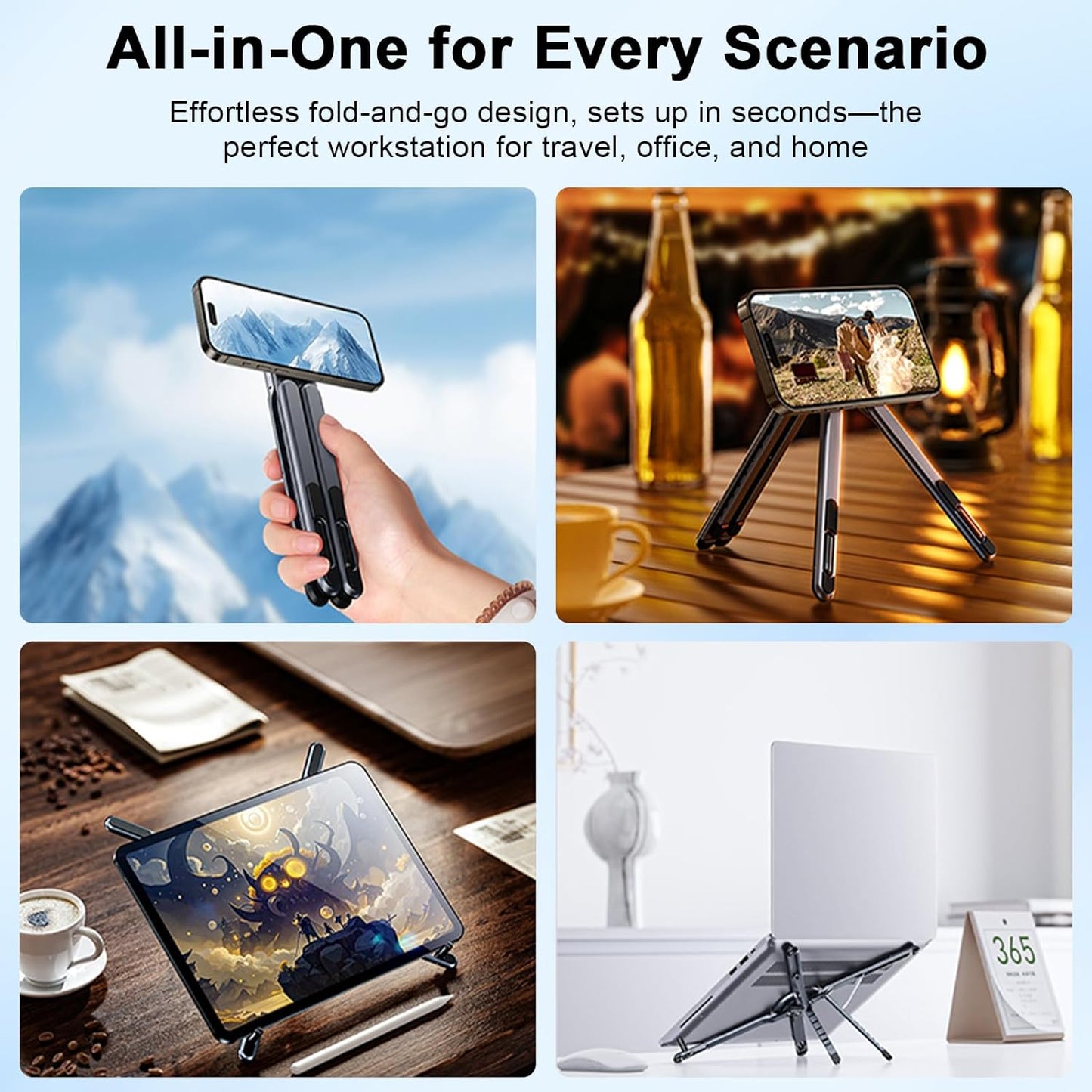 Foldable Laptop Stand for Desk, All-in-One Portable Holder for Laptop, Phone & Tablet with Magnetic Mount - 8-Angle Adjustable Aluminum with Non-Slip Base for 10-15.6" Laptops