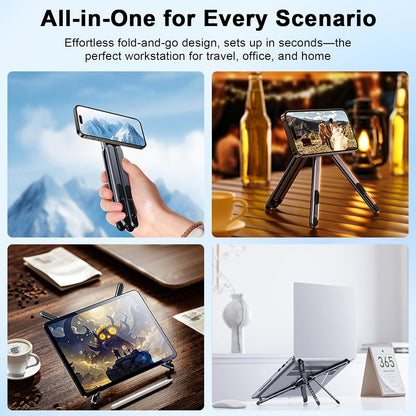Foldable Laptop Stand for Desk, All-in-One Portable Holder for Laptop, Phone & Tablet with Magnetic Mount - 8-Angle Adjustable Aluminum with Non-Slip Base for 10-15.6" Laptops