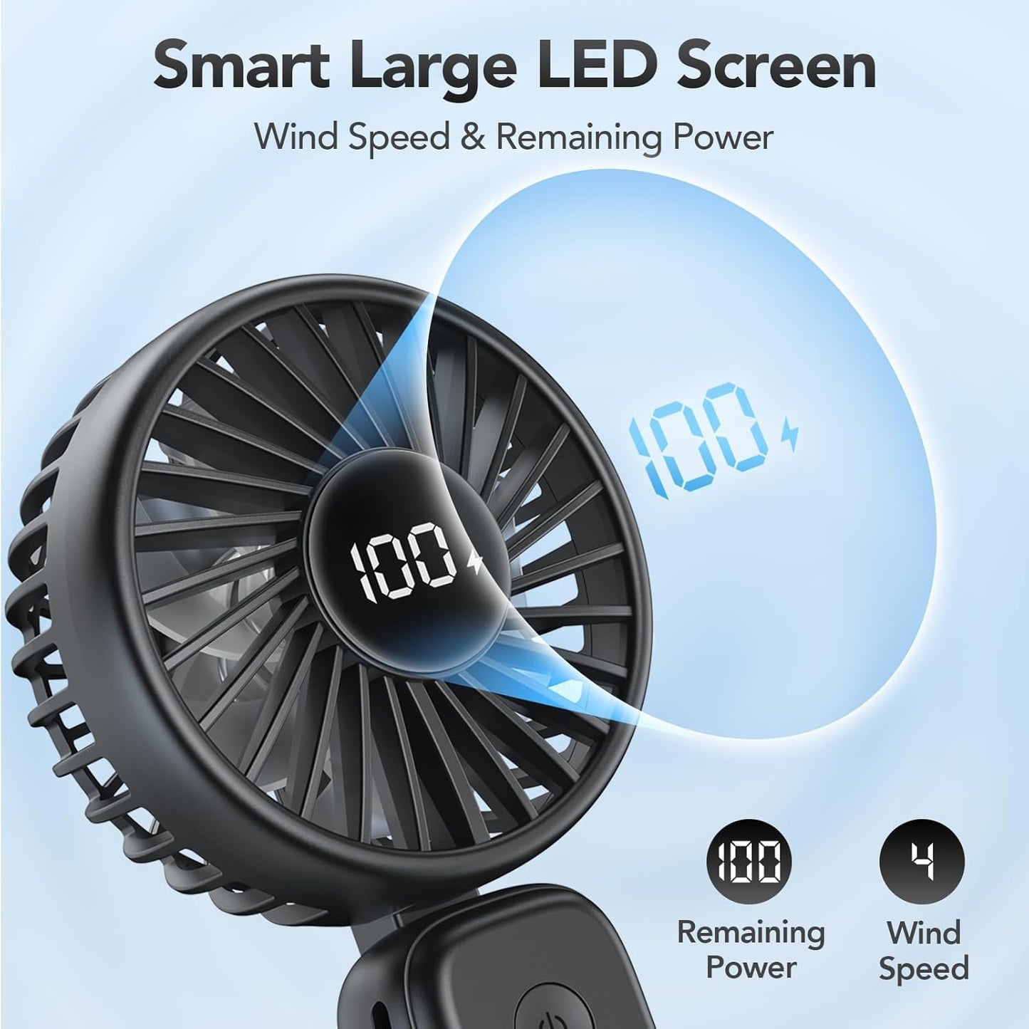 PANERGY Portable Handheld Fan, 5000mAh Rechargeable, 14H Max Cooling Time, 4 Gear Wind & LED Display, 90° Foldable Design, 3-IN-1 Mini Fan for Travel Working Concerts Makeup - Black