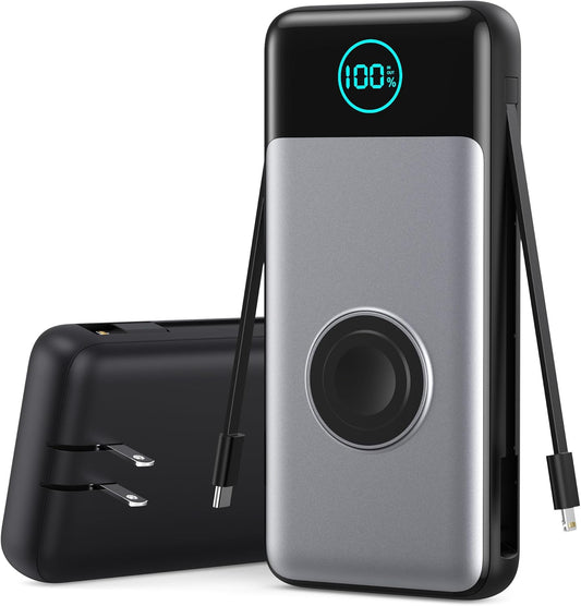 Portable Charger 26800mah for iPhone with Built-in Cables & AC Wall Plug,6-in-1 USB C Power Bank with iWatch Charger,25W PD Fast Charging Battery Pack for iPhone16/15/14/ 13/12,Android,Apple Watch etc