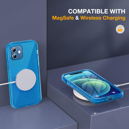 Miracase Glass Series for iPhone 12/12 Pro Case 6.1 inch, Upgraded Full-Body Rugged Phone Bumper Case Cover with Built-in 9H Tempered Glass Screen Protector and Camera Protector, Glitter Blue