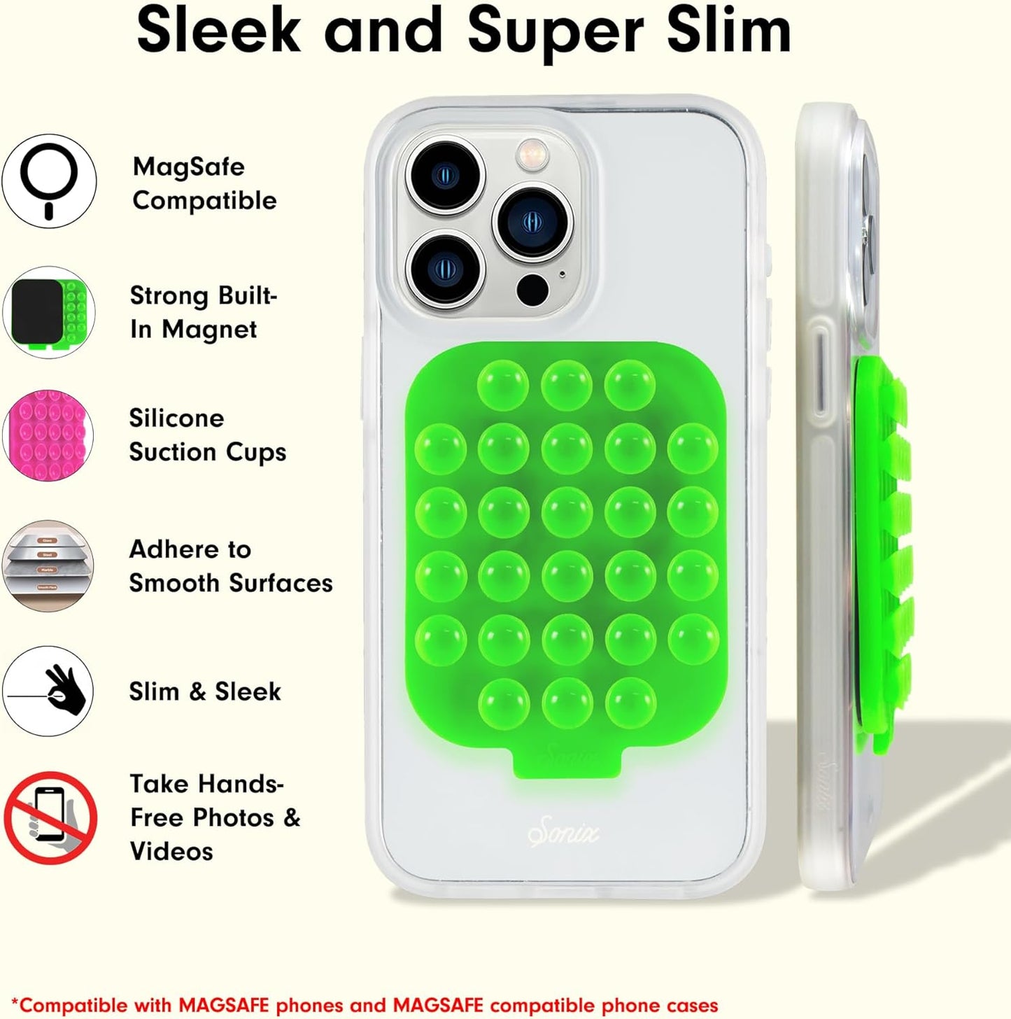 Sonix | Magnetic Silicone Suction Cup Phone Mount for iPhone | Compatible with MagSafe | Bright Fluorescent Green | Neon Green