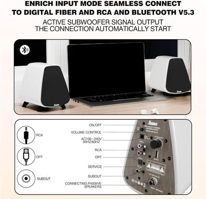 AS31 Active Bookshelf Speakers Bluetooth -2.0 Powered Speaker Stereo Computer Speakers for Desktop pc ，Monitor Speakers 80WRMS/3inch Bass RCA/Optic Inputs, Wooden Compact (Violet)