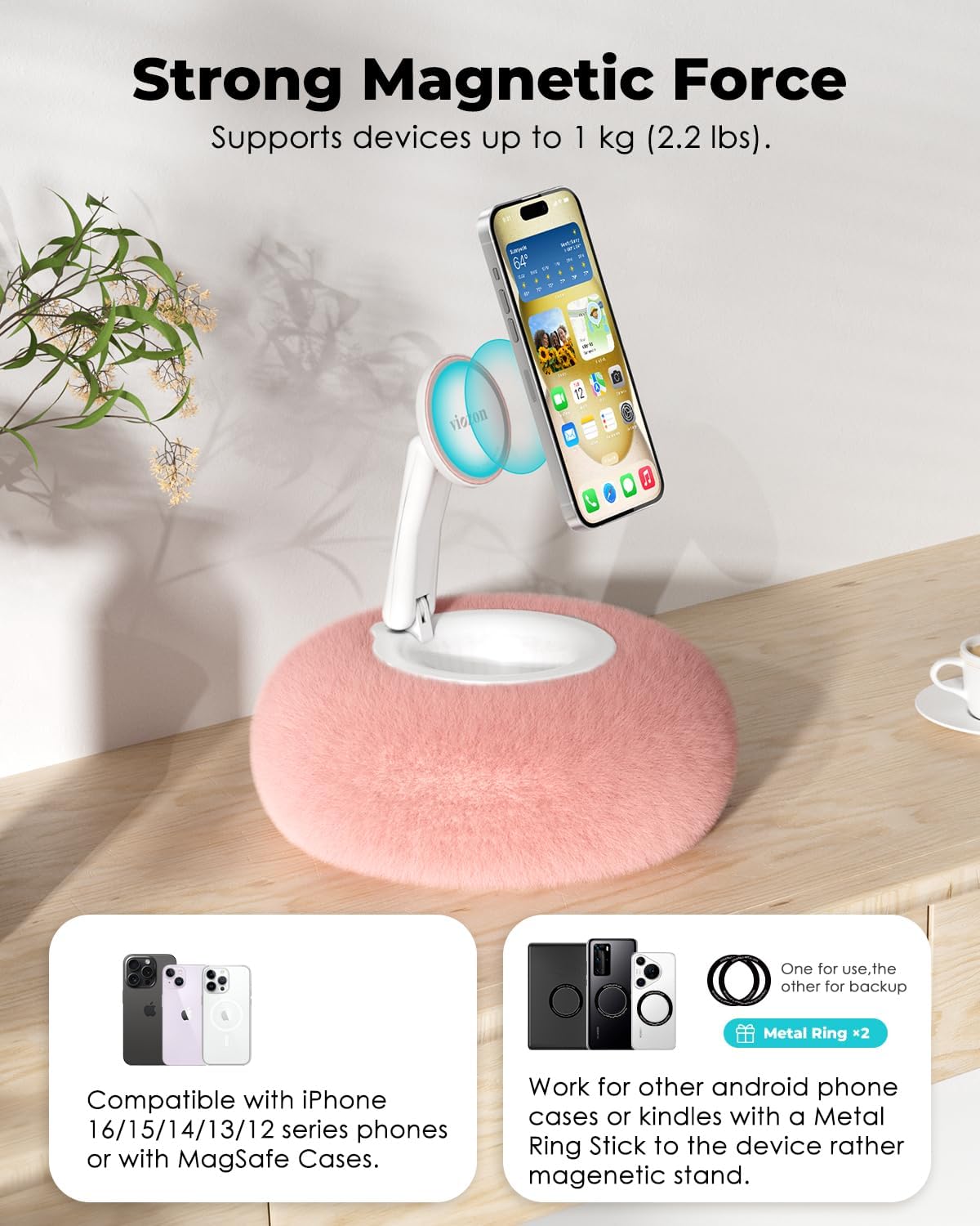 Viozon Phone Holder for Bed, Magnetic Pillow Stand, Compatible with 4-7" Phone/Kindle with Small Storage, Removable Suction Base for Stability, Idea for Kindle Reading and Video Watching On Bed,Pink