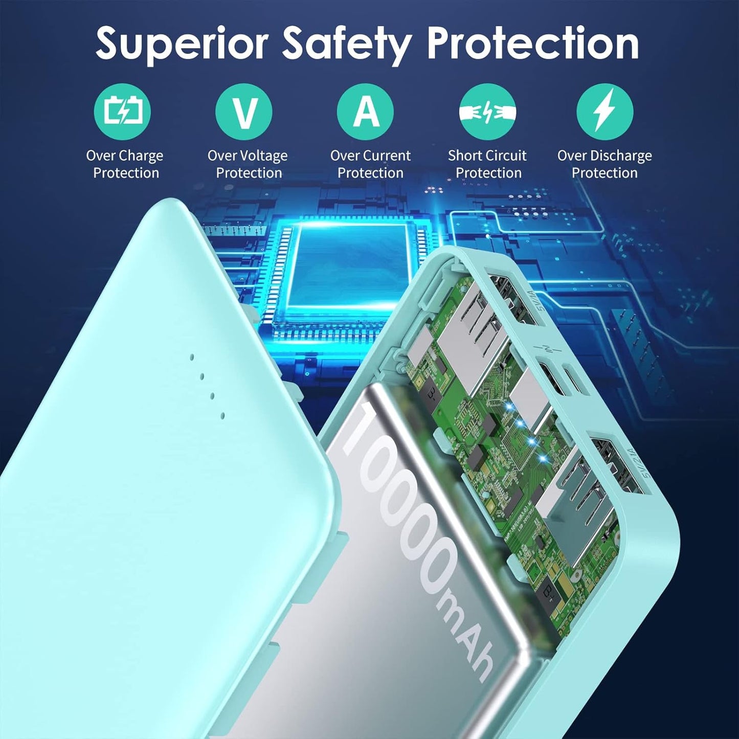 [2 Pack] Portable Charger Power Bank 10000mAh,Ultra Slim Compact External Battery Pack with USB C Input & Dual USB Outputs Backup Charger Compatible with iPhone 13,12, Samsung S20,Tablet-Green+Purple