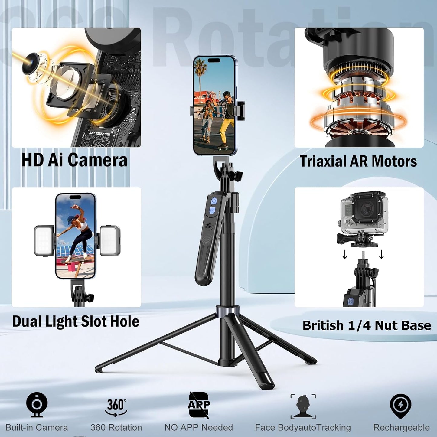 Auto Face Tracking Tripod 360 Rotation with Stand,Android and iPhone Tripod Holder with Remote and Gesture Control, No App,Built-in Tracking Camera Selfie Stick for Vlog Video Recording Tiktok
