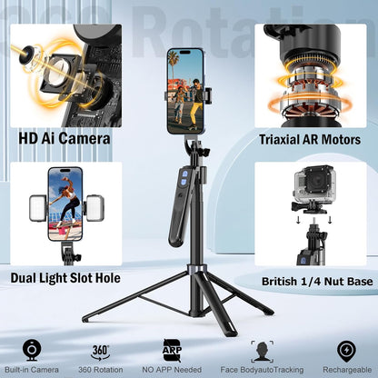 Auto Face Tracking Tripod 360 Rotation with Stand,Android and iPhone Tripod Holder with Remote and Gesture Control, No App,Built-in Tracking Camera Selfie Stick for Vlog Video Recording Tiktok