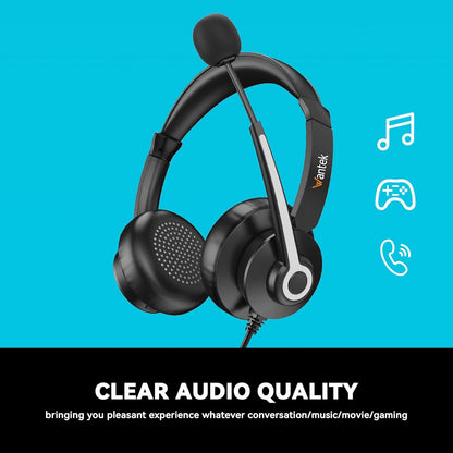 Wantek USB & 3.5mm Headset with Mic for PC/Laptop,Wired Headset with Noise-Cancelling Microphone & Audio Controls Perfect for Home Office Online Class Skype Zoom Call Center Webinar,All Day Comfort