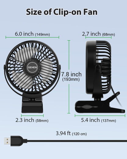 GEHEN Clip-On Fan with Sturdy Clamp, USB-Powered Fan 3-Speed, Ultra-Quiet Operation Ideal for Bedroom, Office, & Stroller