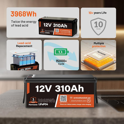 12V 310Ah LiFePO4 Lithium Battery 4PCS– Max. 3968Wh, 15000+ Deep Cycle Battery with 100A BMS, Low-Temp Cutoff | A+ Grade Cells for Marine, Trolling Motor, Off-Grid Home Energy Storage, Van Life