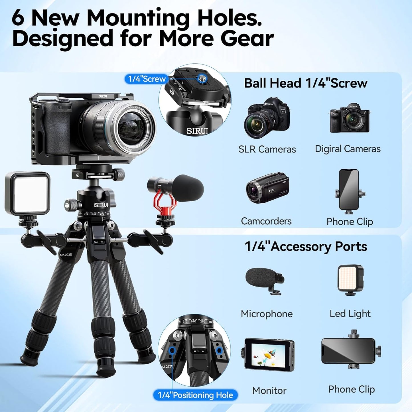 SIRUI AM-223S+G0 Carbon Fiber Desktop Tripod – Ultra-Light 1.7lbs, Max Height 16.7", 360° Panoramic Ball Head, Heavy-Duty Support to 33.07lb for DSLR & Mirrorless Cameras