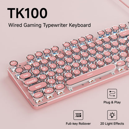 EWEADN TK100 Typewriter Keyboard Wired Mechanical Keyboard, 104 Keys Aesthetic Typewriter Keyboards with White Backlit, Anti-Ghosting, Blue Switch Wired Cute Keyboards-Pink